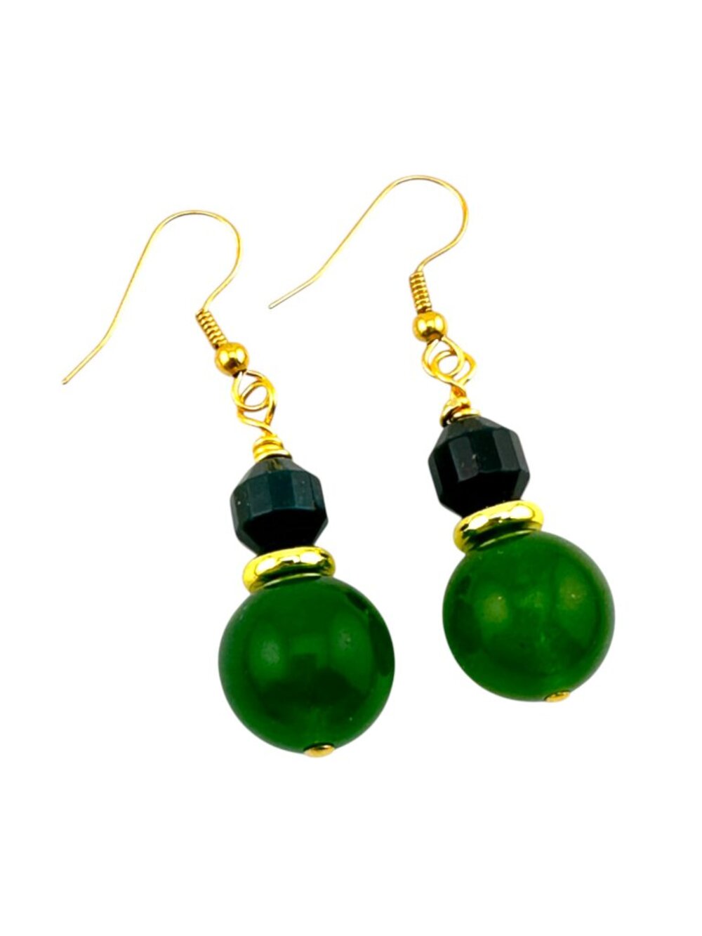 Green Jade Bloodstone Earrings Handmade Gold Plated Gemstone Dangle 2" Drop